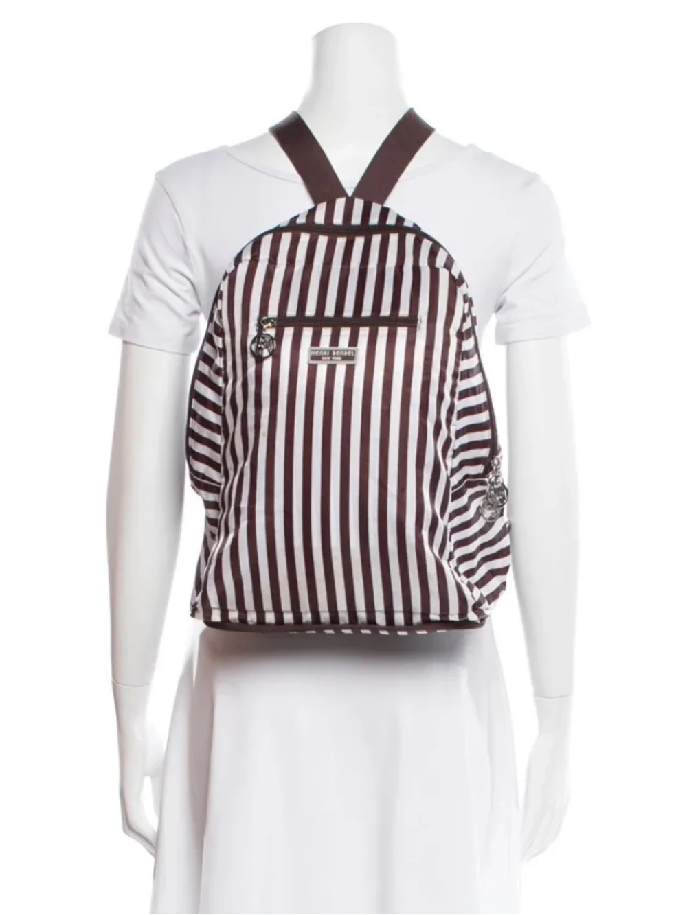 Henri Bendel Centennial Stripe packable backpack lightweight brown white nylon